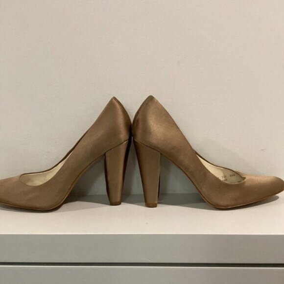 Zara Tan Satin Pumps Block Heels 37 - Picture 7 of 14